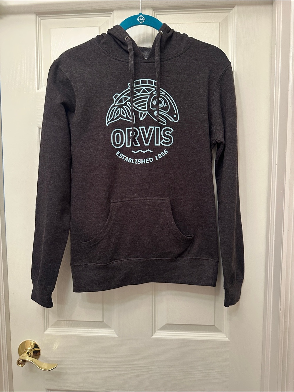 Orvis Charcoal Hoodie with Light Teal Fish Logo